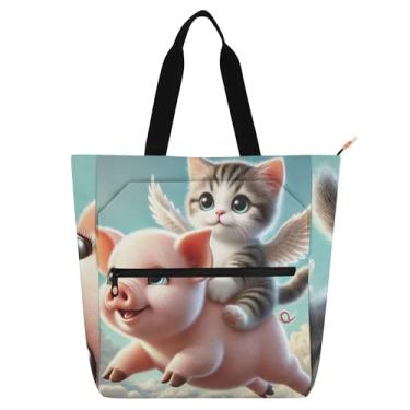 Imagem de Bolsas de trabalho femininas com estampa de gatinho, gato, porco, lona, praia, livros, zíper, carteiro, para amantes de livros, presentes