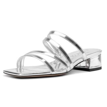 Imagem de Aachcol Sandálias femininas de salto baixo sem cadarço com tiras grossas e salto alto de 3,5 cm, Prata, 42