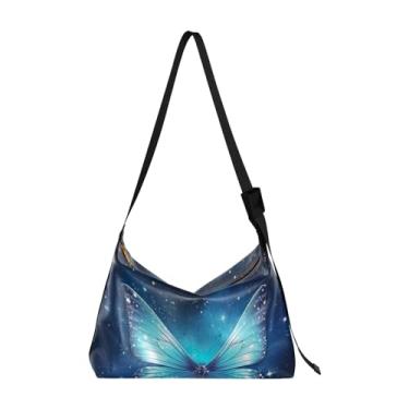 Imagem de Borboleta azul com uma bolsa tiracolo masculina de couro estrelado, bolsa transversal grande de couro, bolsa tiracolo Hobo, Borboleta azul com estrela-1, One Size