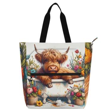 Imagem de GAIGEO Linda bolsa de trabalho feminina com flores de vaca Highland em lona, praia, escola, bolsa utilitária, bolsa infantil com compartimentos