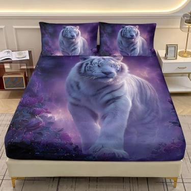 Imagem de AILONEN Jogo de lençol Queen com estampa de tigre branco 3D, flor rosa roxa com 2 fronhas, 3 peças, animais selvagens, para meninos
