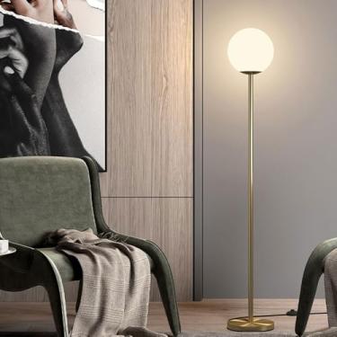 Imagem de Luminária de chão minimalista nórdica com globo de vidro branco, luminária vertical de metal polido para leitura, luminária alta para sala de estar, luminária de chão decorativa com interrup