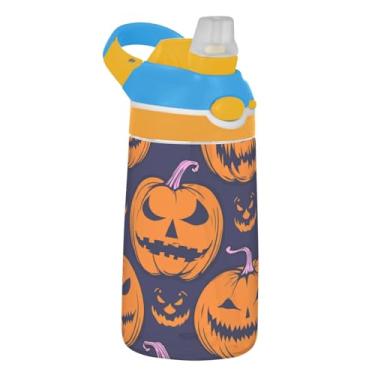 Imagem de Garrafa de água infantil roxa de desenho de abóbora com canudo 473 ml Tritan 473 ml Garrafa de água esportiva reutilizável à prova de vazamento, copo de viagem infantil, portátil, alça de transporte