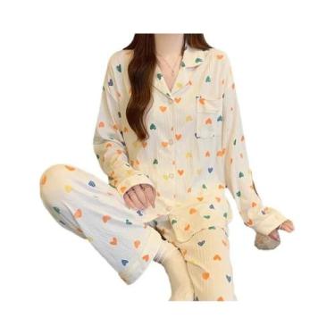 Imagem de Conjunto De Pijamas Femininos Com Laço Rosa, Camisa De Manga Longa E C