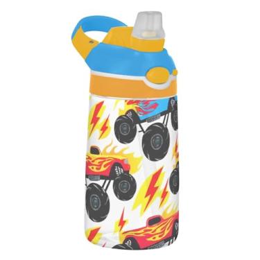Imagem de Garrafa de água infantil Cartoon Monster Trucks com canudo Tritan 473 ml Garrafa de água de plástico portátil à prova de vazamento para crianças, reutilizável, alça de transporte