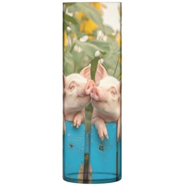 Imagem de Cute Pig Kiss Girassol Cilindro Vaso de Flor Decorativo Plástico Grande Vaso Bonito Personalizado Exclusivo Decoração de Casa Estética, 30 cm x 9,9 cm