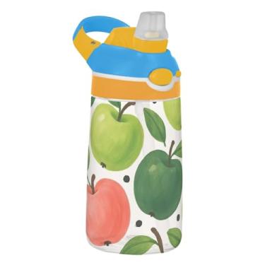 Imagem de Garrafa de água esportiva infantil aquarela verde rosa maçãs para escola, 473 ml, 473 ml, garrafa de água Tritan com canudo, copos de viagem infantis portáteis à prova de vazamento, alça de transporte