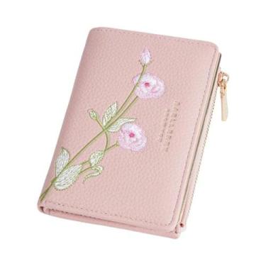 Imagem de Carteira Feminina Tri-Fold Com Bordado Floral 3D, Proteção RFID, Compa