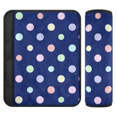 Imagem de Capas de cinto de segurança macias azuis de bolinhas coloridas arco-íris, acolchoadas com algodão, almofadas de ombro para mochilas, capas de cinto de segurança para mulheres