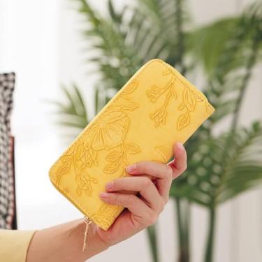 Imagem de Carteira feminina de couro com zíper de grande capacidade com alça de pulso e vários compartimentos para cartões variantes, Amarelo, Pequeno