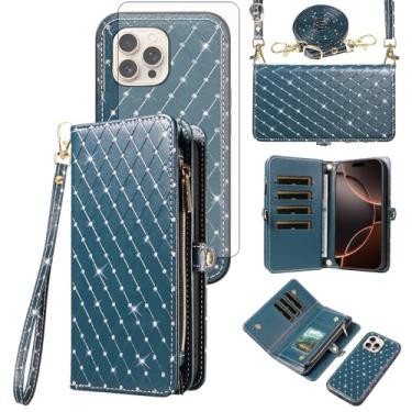 Imagem de Capa de celular para iPhone 16 Pro Max 6,9 polegadas com zíper carteira celular com alça protetora de tela de vidro temperado com glitter flip compartimento para cartão i Phone16 16Pro i16 ProMax