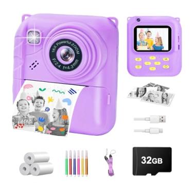 Imagem de Câmera de impressão instantânea para crianças, câmera de vídeo 1080p com 3 rolos de impressão, cartão de 32 GB e capa fofa, presente para meninas e meninos de 3 a 12 anos, câmera digital infantil com