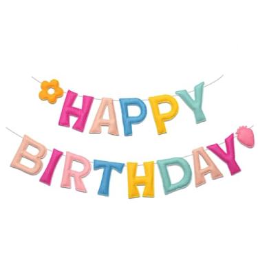 Imagem de Homeral Faixa rosa pré-amarrada de feliz aniversário 3D com morango e flor, guirlanda de feltro feliz reutilizável, decorações de festa arco-íris, placa de aniversário personalizada para meninas e