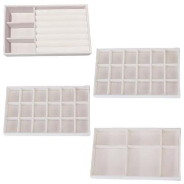 Imagem de 4 gavetas organizadoras de joias de veludo, bandeja empilhável de armazenamento de joias na penteadeira, pequena gaveta inserida no armário de exibição para anéis e acessórios de colar roxo