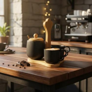 Imagem de Kit Cantinho do Café Premium com Bandeja Espelhada, Xícaras de Cerâmica Preta e Detalhes em Bambu – Elegante e Decorativo(2 xicaras e açucareiro)