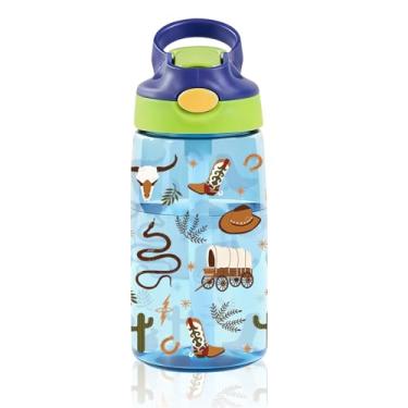 Imagem de Garrafa de água infantil cowboy de 400 ml com canudo - Garrafa de água ocidental para escola, à prova de vazamento, leve, garrafas de plástico duráveis para viagens infantis, capa de canudo pop-up