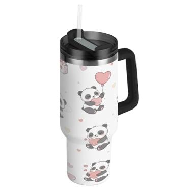 Imagem de Blueangle Copo de panda de desenho animado do Dia dos Namorados de 1,134 g com alça e tampa de palha, caneca de viagem de aço inoxidável isolada a vácuo de parede dupla, garrafa de água reutilizável