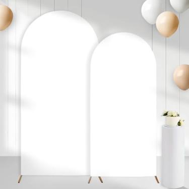 Imagem de CORNER LACE Conjunto de 2 capas de fundo de arco brancas (2,5 m, 1,8 m), 2 lados, elastano com elástico e parte superior redonda Chiara Arch para chá de bebê, casamento, festa de aniversário (apenas