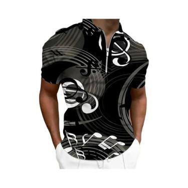 Imagem de Camiseta Polo Masculina Com Zíper Estampa Gráfica De Notas Musicais Ma