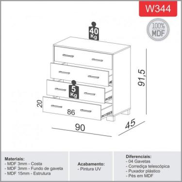 Imagem de Cômoda 4 Gavetas 100% Mdf W344 Dalla Costa Freijó/off White