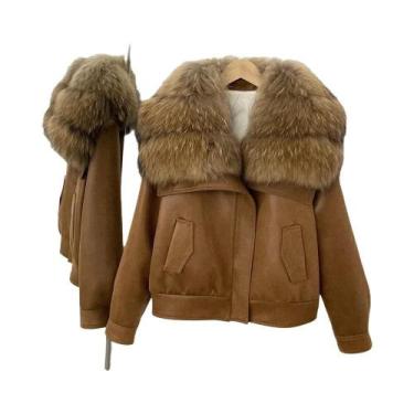 Imagem de Jaqueta Curta Feminina De Pluma De Pato Branca Com Gola De Pele De Rap