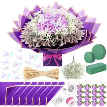 Imagem de Marspark Kit de buquê de dinheiro de Natal, presentes em dinheiro, inclui 20 folhas de papel de embrulho de flores, 36 flores falsas, 100 espetos de bambu, 3 blocos de espuma florais, presente para
