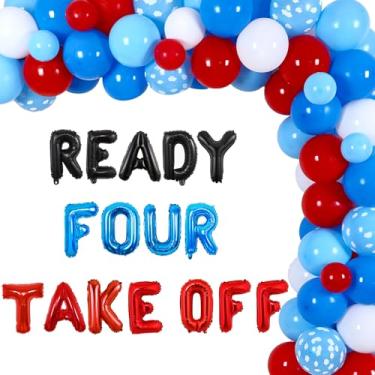 Imagem de Decorações de festa de aniversário de 4 anos de avião para meninos, pronto para quatro decolagens, faixa de balão vermelho e azul, kit de arco para guirlanda de balão vermelho e azul para tema de voas