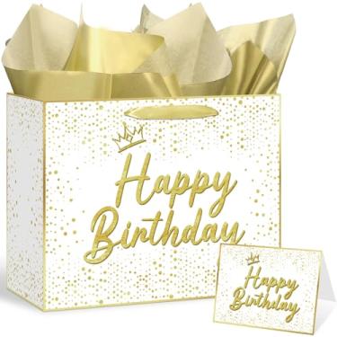 Imagem de Saco de presente de aniversário dourado branco para presente de feliz aniversário com papel de seda cartão de felicitações coroa aniversário bolsa de lembrancinha para mulheres, homens, meninas