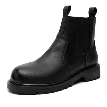 Imagem de Bota masculina Chelsea de bico redondo, com zíper lateral, casual, de couro PU, para motociclista, sapatos de trabalho masculinos, Preto, 10.5