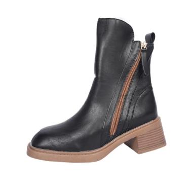 Imagem de Botas curtas femininas casuais de inverno estilo britânico, cor sólida, bico redondo, zíper lateral, sola grossa, salto baixo, botas no tornozelo, Preto, 36
