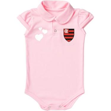 Imagem de Torcida Baby Body Polo Rosa com Escudo Flamengo, Corações Brancos, Manga Curta, Bebê Unissex (G)