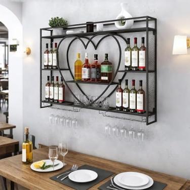 Imagem de Garrafas de bebidas W2 Prateleiras de bar montadas na parede com suporte de vidro de iluminação LED, rack de vinhos, organizador de armazenamento de exibição de 3 camadas, cálice de metal longo para