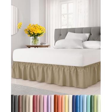 Imagem de Saia para cama com babados e poeira – Bege – para camas queen size com 40,6 cm de altura – Alça elástica de ajuste fácil – Saia de cama plissada ajustável com tecido escovado, sem rugas e desbotamento