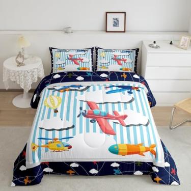 Imagem de Manfei Jogo de cama solteiro de desenho animado de avião infantil, helicóptero, submarino, balão de ar quente, decoração de quarto de meninos e meninas, edredom geométrico, listras geométricas