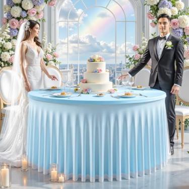 Imagem de Wish Care Toalha de mesa azul bebê tule 152 cm elastano elástico toalha de mesa redonda com babados tutu saia de tule 1,5 m não amassa capa de mesa redonda para chá de bebê, casamento, festa de