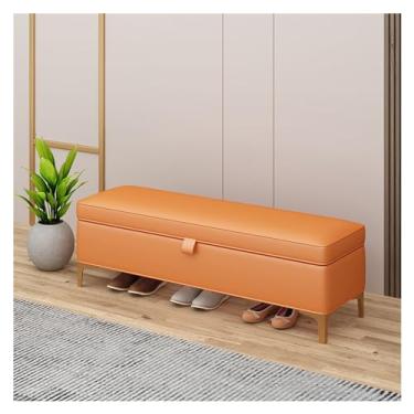 Imagem de KEG801302 Banco de armazenamento moderno - banco de entrada, otomano para quarto, extremidade da cama, banco de couro para o pé da cama, banco estofado com pernas douradas decorativas (laranja)