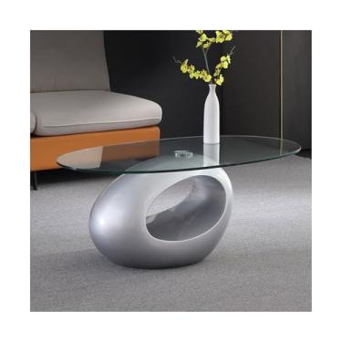 Imagem de x3anggyt5 Mesa de centro oval, mesa de sala de estar com prateleira de armazenamento, mesa de centro moderna de vidro temperado de 83 cm, mesa central de sofá, mesa lateral de fácil montagem (prata)