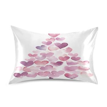 Imagem de xigua Fronha de cetim de árvore de corações de Natal para cabelo e pele, lavável na máquina, almofada de cetim resfriadora, capa de cama padrão com fecho de envelope, 51 cm x 66 cm