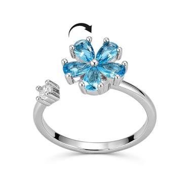 Imagem de Anéis giratórios de flores azuis para mulheres brilhantes imitação de cristal floral aberto empilhável ajustável ansiedade anel giratório eternidade promessa aliança de casamento ajuste confortável