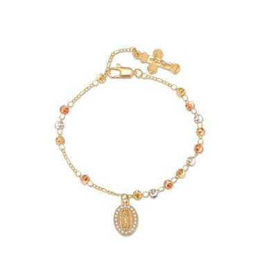 Imagem de Pulseira de rosário com crucifixo católico banhado a ouro 14K para mulheres, pingente de cruz de Virgem Maria e Jesus, presente religioso delicado da Virgem de Guadalupe para confirmação de batismo