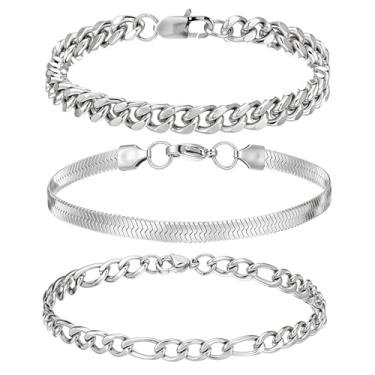 Imagem de Heclia Conjunto de 3 pulseiras de corrente de prata para homens, aço inoxidável, elos cubanos, conjunto de pulseiras de espinha de peixe de prata para homens, correntes de pulso fígaro, pulseiras
