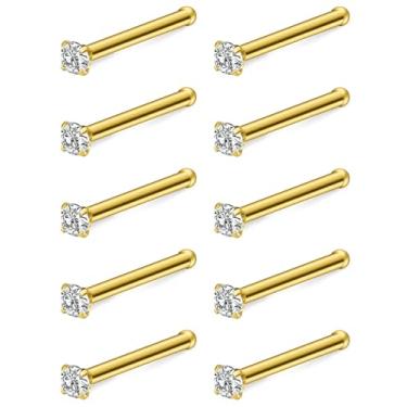 Imagem de Dyknasz Piercing de nariz de aço cirúrgico com zircônia cúbica, 10 peças, minúsculos anéis de narina para mulheres, piercing de osso de parafuso e piercing de narina em forma de L, joias 24G 22G 20G