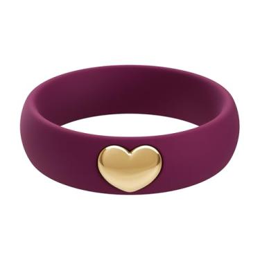 Imagem de ThunderFit Anéis de silicone para mulheres, aliança de casamento de silicone com pingente de coração banhado a ouro 14K, 5,5 mm de largura, 2 mm de espessura, 8.5 - 9 (18.90mm), Silicone, Sem pedra