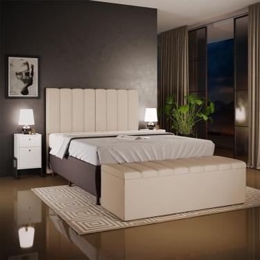 Imagem de Kit Cabeceira Cama Box Casal 140cm Com Calçadeira Recamier Baú Dália W01 Suede Bege - Lyam Decor