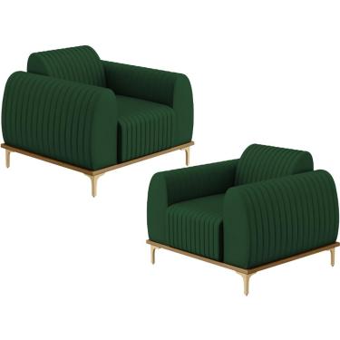 Imagem de Kit 02 Poltronas Decorativa Base Madeira Pés D'Ouro Molino D02 Veludo Verde Musgo C-303 - Lyam Decor