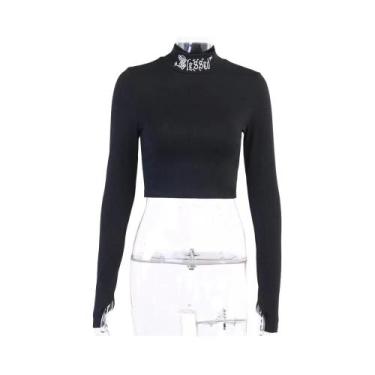 Imagem de Camiseta Feminina Preta Bodycon De Manga Longa Com Bordado De Letras E