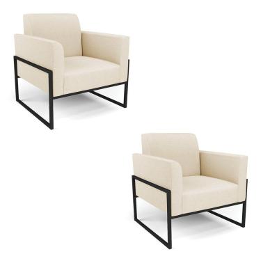 Imagem de Kit 2 Poltronas Base Industrial Alta Preto Marisa Linho D03 - D\'rossi Cor A19 Bege