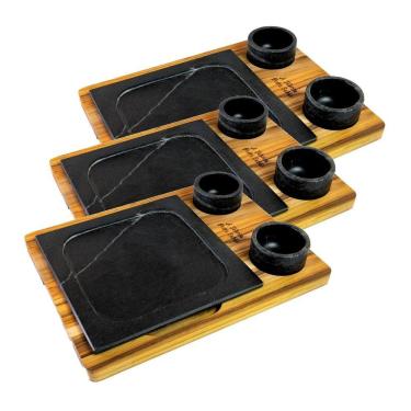 Imagem de Kit 3 Prato Com 04 Molheiras Pedra Sabão E Suporte G 25x25cm