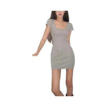 Imagem de Vestido Mini Feminino De Malha Canelada Cor Sólida Com Decote Quadrado