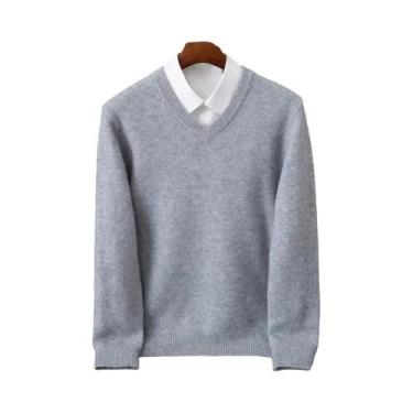 Imagem de Suéter Masculino De Lã Merino 100% Cashmere Com Decote Em V, Manga Lon